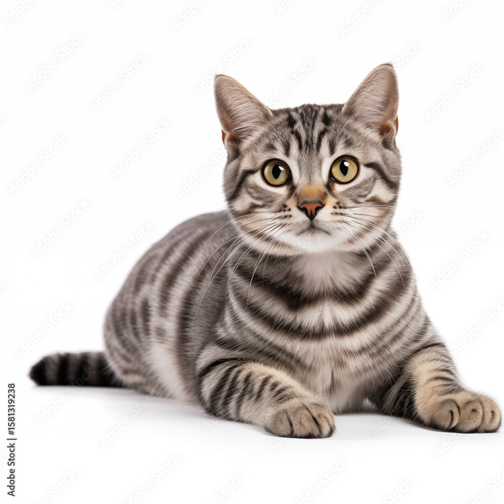 Obraz premium Gray tabby kitten lying down with alert expression on white background 