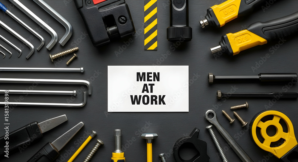 Professional tools on a black background with a card reading men at work concept Professional tools on a black background with a card reading men at work concept