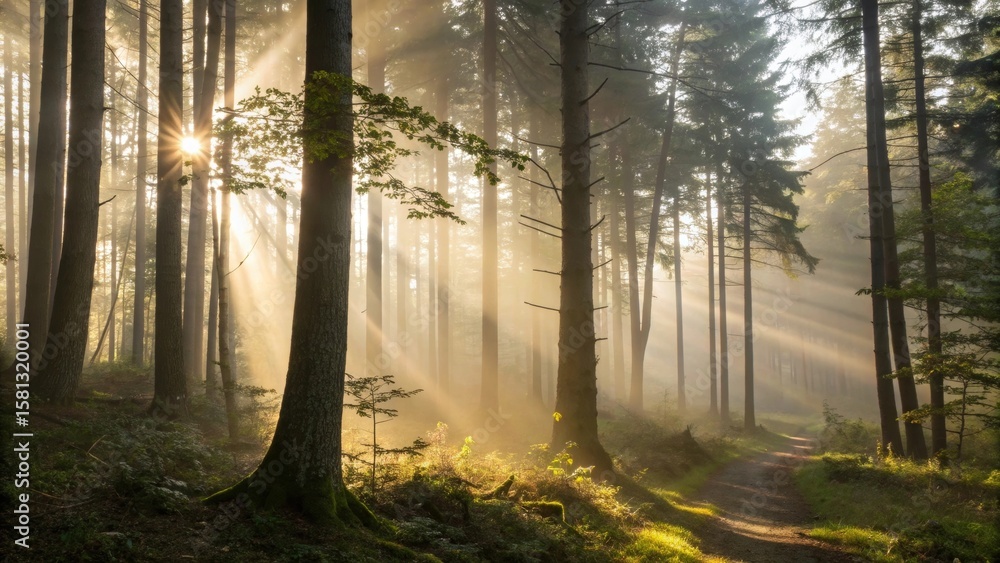 Obraz premium Sunbeams Through Forest A Serene Morning Walk with Soft Mist in the Woods
