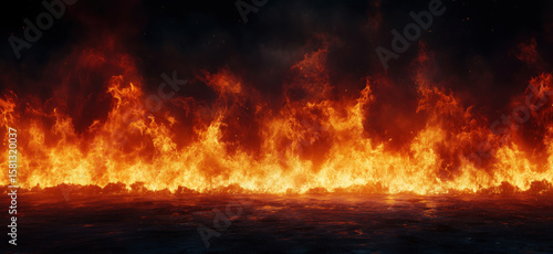 Intense flames creating a dramatic fire wall against a dark background.