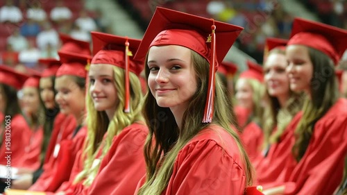 A smiling graduate in a red cap and gown, amidst fellow graduates at a ceremony