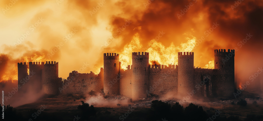Fototapeta premium Burning medieval castle engulfed in flames during dramatic sunset.