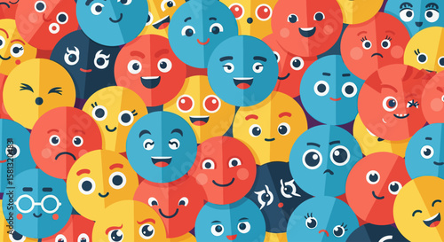 Colorful Cartoon Faces Showing Mixed Emotions in Playful Pattern Background
