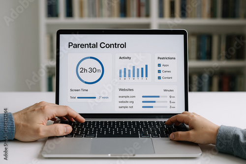 adult and child using laptop with parental control settings displayed on screen, indicating digital security and family internet safety