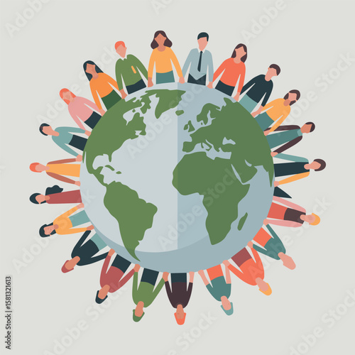 Vector global community people holding hands around world unity and diversity concept