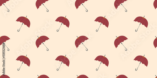 Red umbrella seamless pattern on beige background. Vector background with symbol of autumn and spring for print, card, banner, wrapping paper, invitation, season design