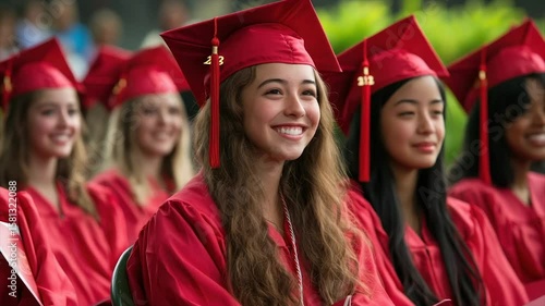 A smiling graduate in red robes at a ceremony, surrounded by fellow graduates
