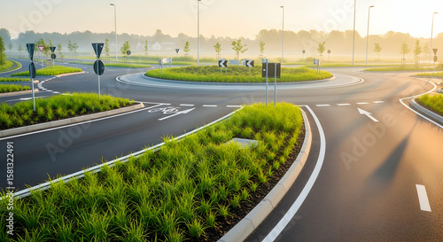 Scenic early morning view of roundabout with manicured green grass verges and trees