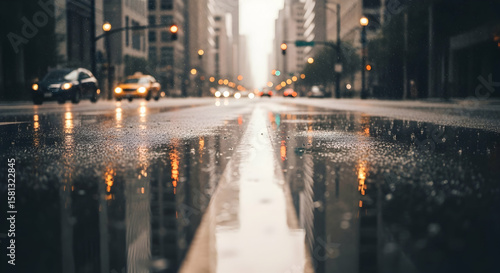 Rainy Cityscape Reflections On Wet Asphalt Street In Chicago Illinois Usa