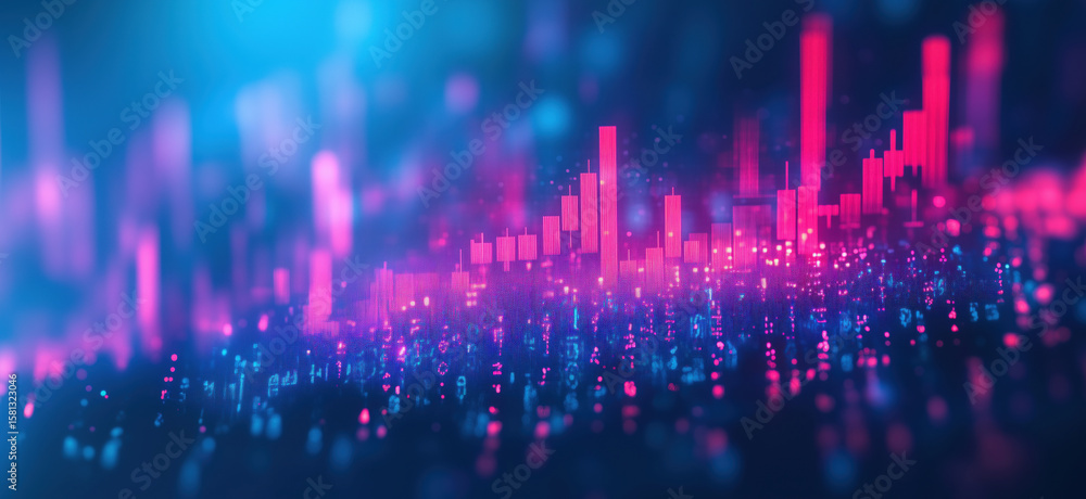 Colorful abstract data visualization with glowing bars and dots in blue and pink tones. Colorful abstract data visualization with glowing bars and dots in blue and pink tones.