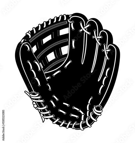 simple classic black white leather baseball softball glove mitt silhouette cartoon vector isolated on transparent background