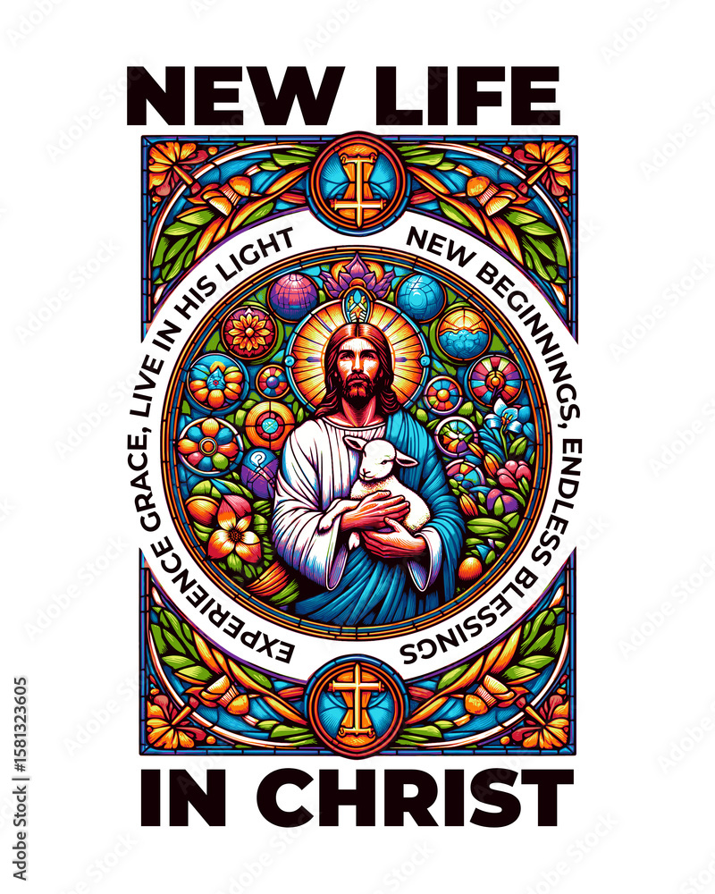 Obraz premium Illumination of Faith: An inspired stained-glass illustration radiates the message of New Life in Christ featuring a symbolic rendering of a central figure.