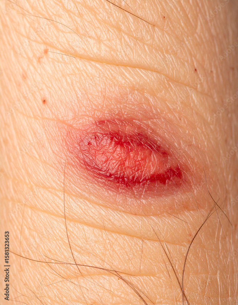 Fototapeta premium A close-up of abstract, textured skin around a blurred wound showing stylized redness, indicating localized inflammation.