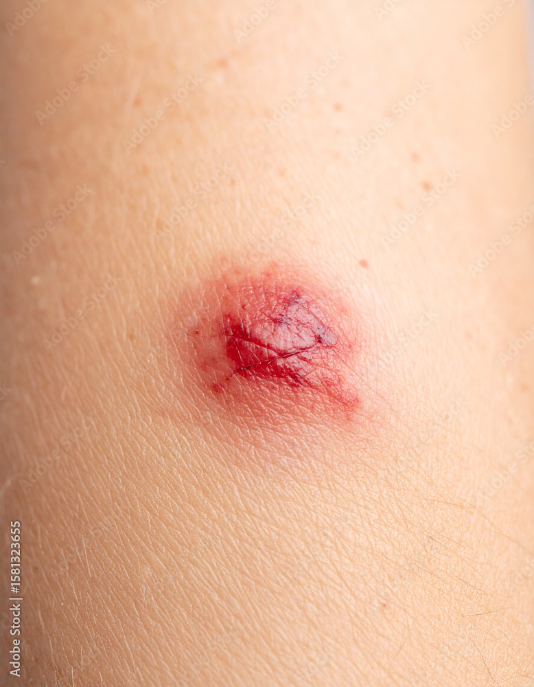 Fototapeta premium A close-up of abstract, textured skin around a blurred wound showing stylized redness, indicating localized inflammation.