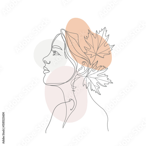 Modern Female Portrait in Continuous Line Art with Leaves and Geometric Shapes