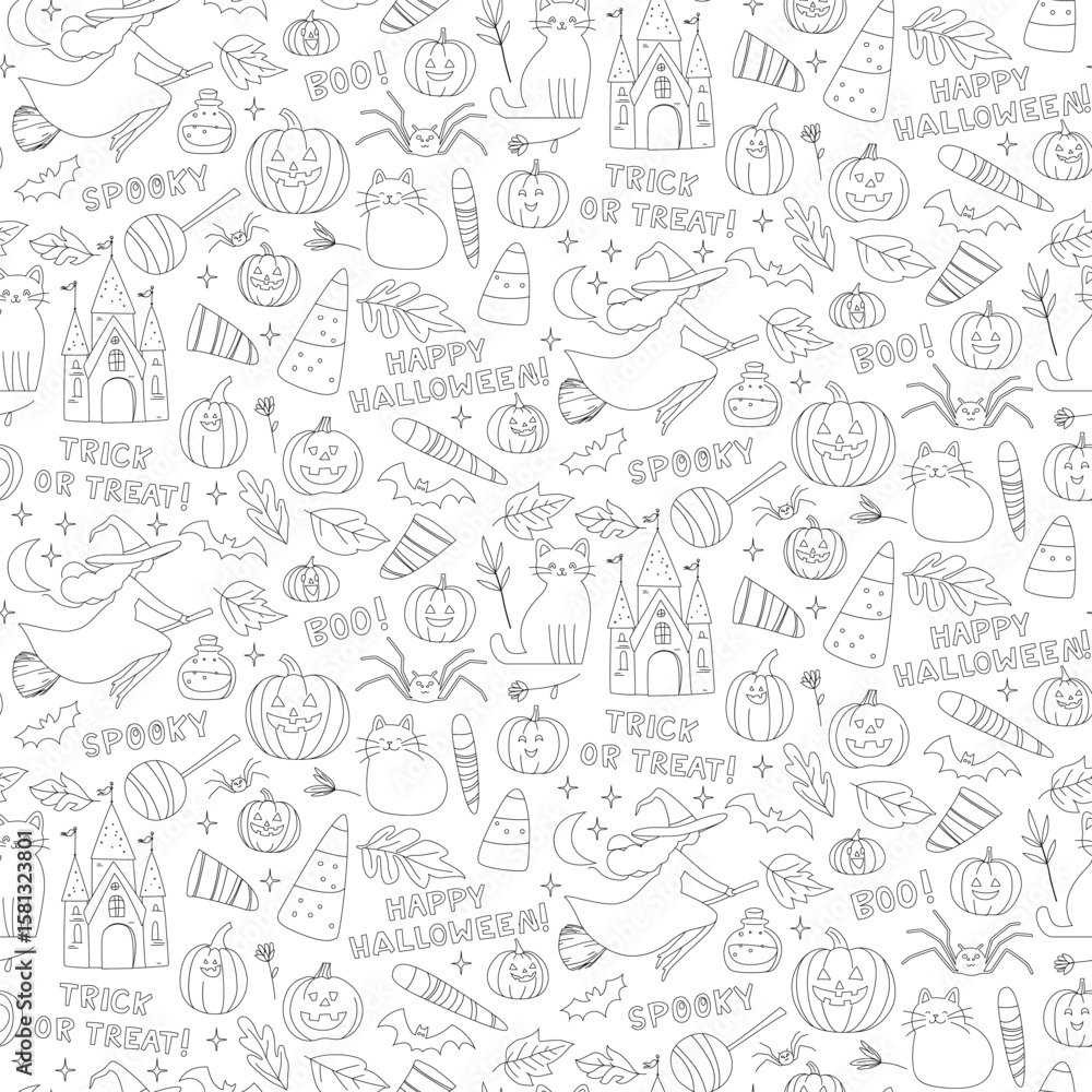 Fototapeta premium Halloween Seamless Doodle Pattern with Witches, Cats, Pumpkins and Candy Background. Cute Digital Paper Jack-o-Lanterns and Trick or Treat and Lettering Cozy Spooky Flat Cartoon Vector Illustration