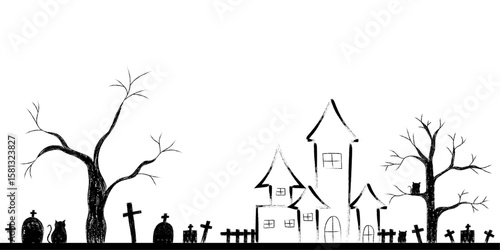 halloween silhouette and doodle scene with haunted house, trees, graveyard, black cat and copy space