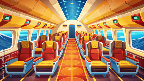 Spacious premium economy airplane cabin with comfortable seating