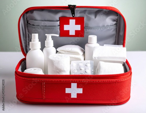 A generic first aid kit with an open lid, revealing neatly organized sterile bandages and antiseptic wipes.