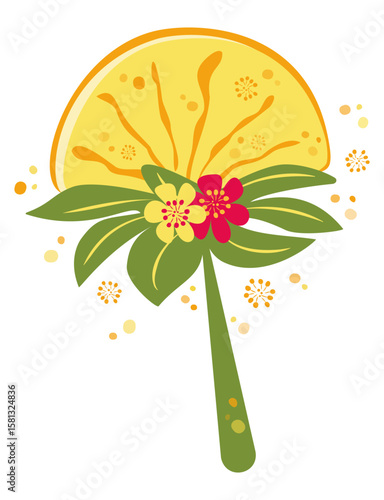 Orange lollipop in flat style. Vector stylized drawing of isolated sucking candy in flat style surrounded by bubbles. Citrus sweet for children's parties and birthdays