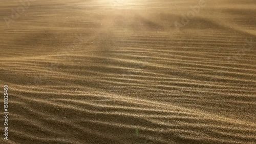 Sand waving in the wind in dunes in desert. Macro shot of sand particles blown away by the wind. Grains of sand waving in the wind during sandstorm