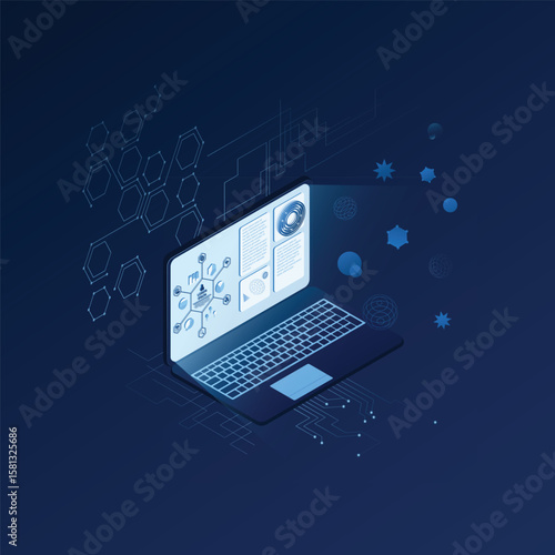 Isometric Laptop with Digital Interface and Futuristic HUD – Blue Vector Illustration
