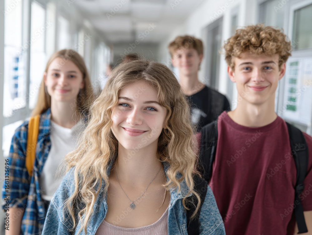 Fototapeta premium A group of happy students, with a young woman prominently in the foreground, smiling confidently as they walk through a bright school hallway, ready for new educational experiences