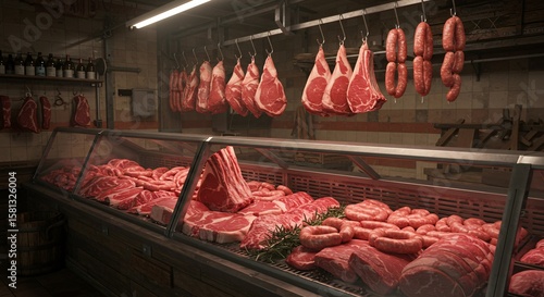 Butcher shop showcase featuring fresh raw meat cuts, sausages and aged bottles of wine behind