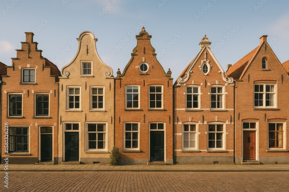 Fototapeta premium Row of Traditional Brick Houses on Quiet Street
