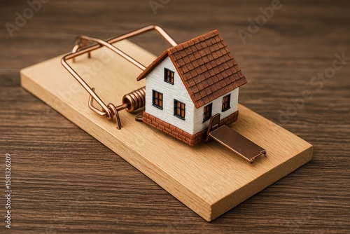 Miniature House on Mousetrap Representing Housing Market Trap