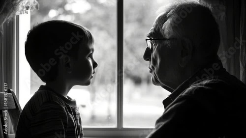 A young boy and elderly man share a quiet moment by a window