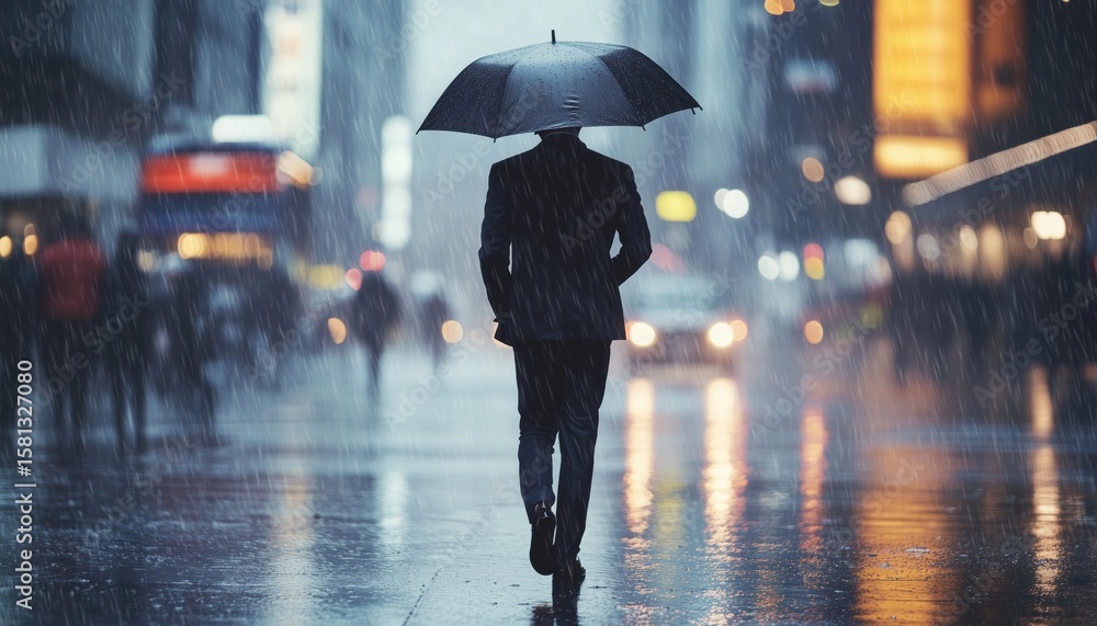 Obraz premium Businessman Walking On The Street In The Rain With A Title Of Man Braving The Elements: Businessman Walking In The Rain On The Street.