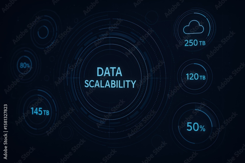 Obraz premium Data Scalability Interface With Cloud Metrics On Dark Background