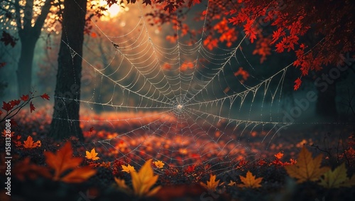A beautiful spider web glistens in the autumn forest surrounded by vibrant fall foliage.