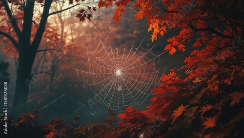 Dramatic spider web in an autumn forest, surrounded by vivid red leaves and morning mist.