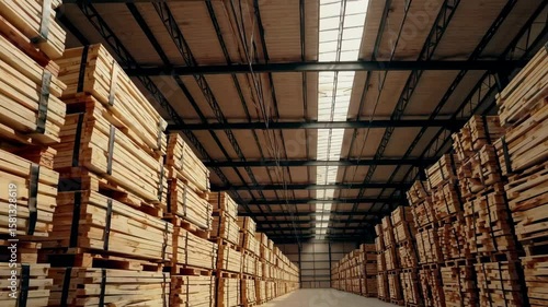 Wallpaper Mural Expansive warehouse aisle with stacked wooden pallets under skylight Torontodigital.ca