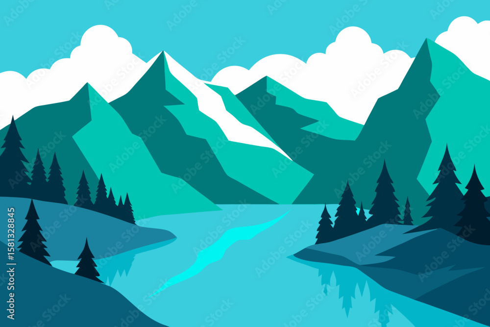 A vector mountain landscape with snowy peaks, a lake, and pine trees under a blue sky A vector mountain landscape with snowy peaks, a lake, and pine trees under a blue sky