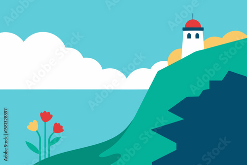 A historic white lighthouse, a beacon of architecture, stands on a coastal hill overlooking the summer sea and sky