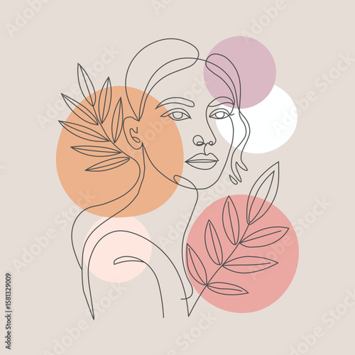 Stylish Female Face Line Art with Floral Details and Soft Earth Tones