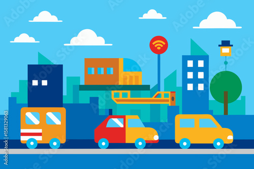 A vibrant vector cartoon illustration of city transport with a car, train, and bus on a street under a clear sky, perfect for children's design projects