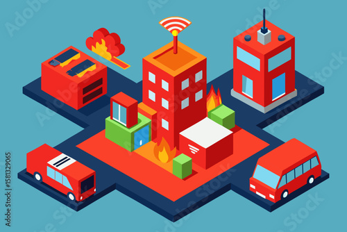 Isometric vector city map set with urban buildings, houses, and industrial factory plants for town planning and real estate design