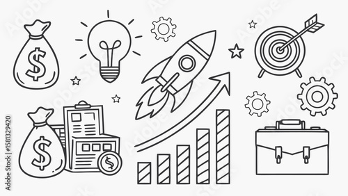 Business Money Sketch Icon Set Hand Drawn Startup Growth Chalkboard Vector
