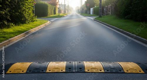 Residential street with speed bump for safety and neighborhood traffic calming speed bump installed in a residential area