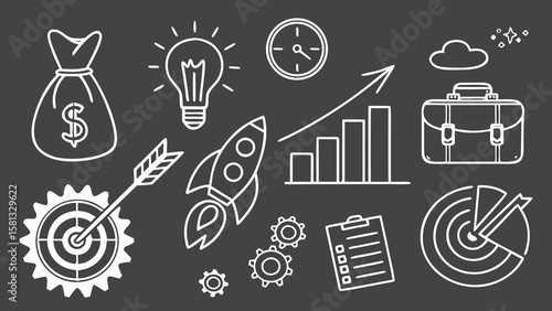 Business Money Sketch Icon Set Hand Drawn Startup Growth Chalkboard Vector