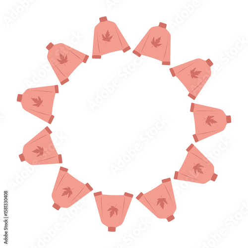 Autumn themed vector art with a circular frame made of sweaters and an autumn leaf in flat style. Hand drawn illustration for banners and posters