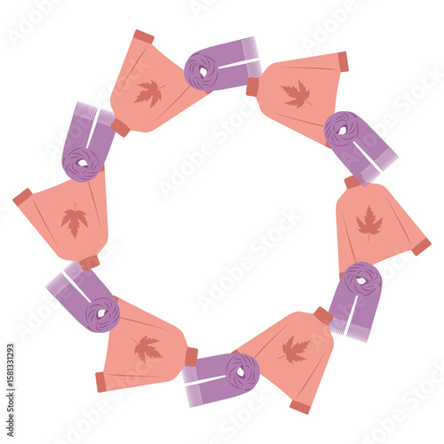 Seasonal vector illustration with a circular scarf and sweater  frame in flat style. hand drawn autumn art for marketing materials and social posts