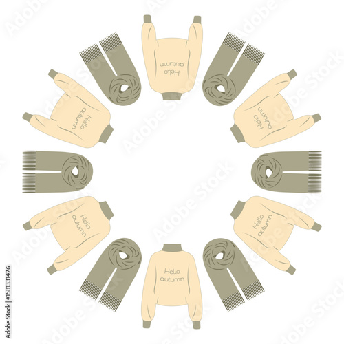 Cozy autumn vector with a circular scarf and sweaters  wreath. Hand drawn frame perfect for posters banners and online graphics