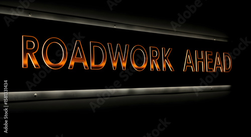 Roadwork Ahead Sign With Metallic Glow And High Contrast Illumination