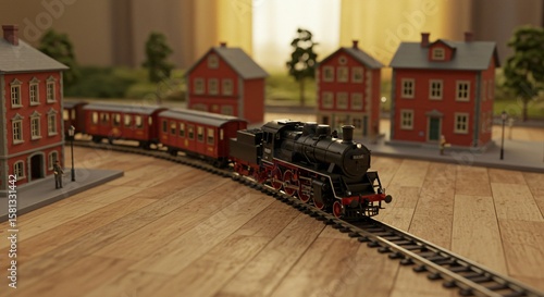 Miniature train set featuring a black locomotive and red passenger cars, set against vintage buildings