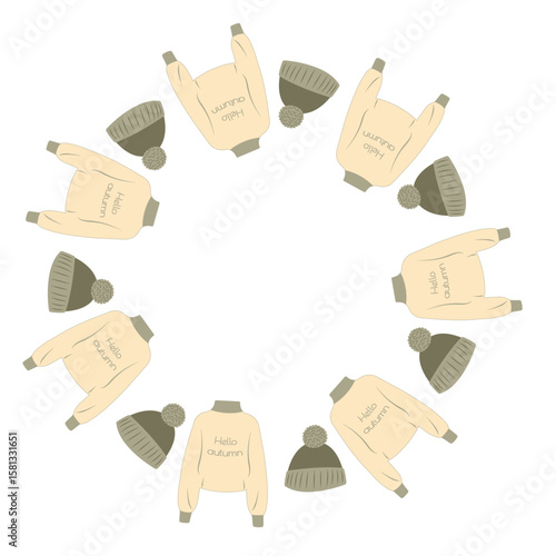 Autumn themed vector illustration with a circular frame made of sweaters and caps in flat style. Hand drawn art for banners and posters